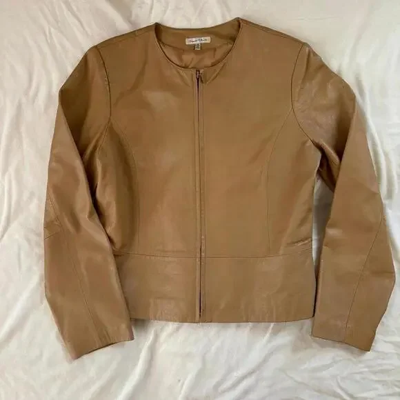 lambskin leather vintage yvonne & marie moto blazer jacket camel brown nude 10 - Picture 1 of 9